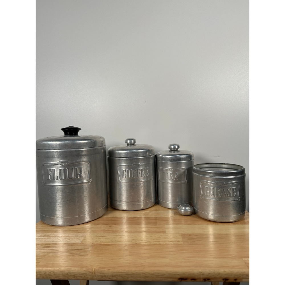 Vintage Heller Hostess Ware Silver Aluminum Canister Set Flour Coffee Tea Grease